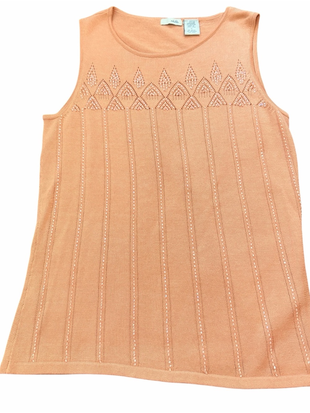 Vintage Odille Beaded Pointelle Knit Tank Top Peach Mercerized Cotton Small
